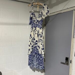 Misa Los Angeles Floral High-Low Dress in Navy and Cream